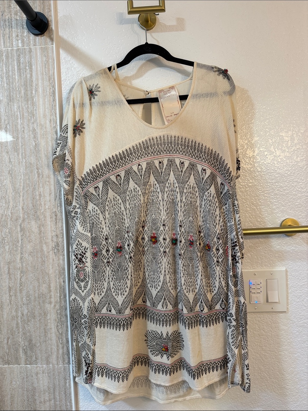 Free People Cream Tunic with Black Geometric Print and Bead Accents